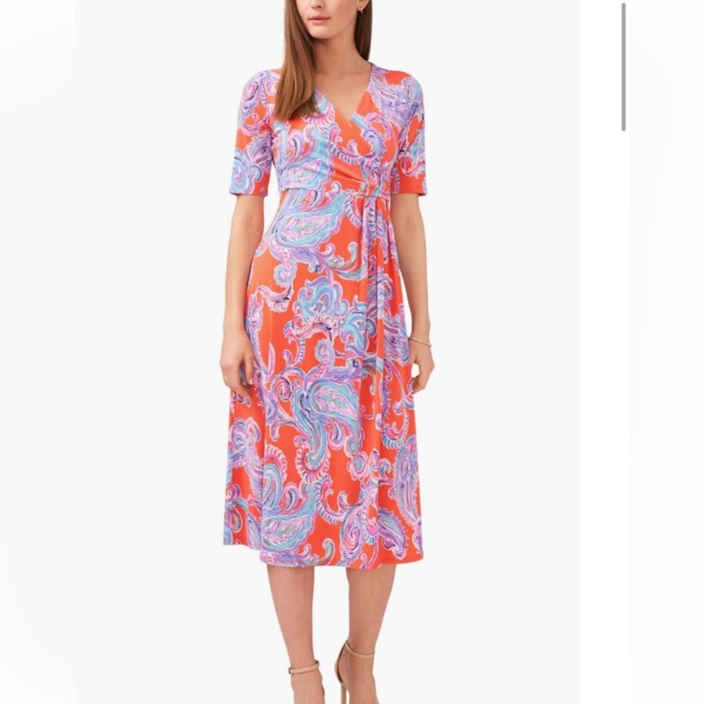 Chaus Faux Wrap Midi Dress Size Large Coral Color